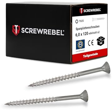 SCREW REBEL® Spanplattenschrauben 6x120 mm [100 Stück] – Edelstahl A2 rostfrei mit Teilgewinde & Senkkopf – TX25 Antrieb – Holzschrauben mit ETA-Zulassung