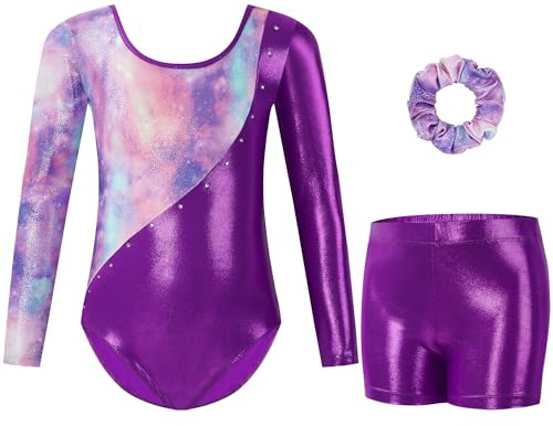 Gogokids Gymnastikdräkter för flickor i tre delar, långärmat gymnastikset med shorts och hårband, glittrande balettrikå, design med färggradient, för 3–12 år, 140(130-140 cm,9-10Y)