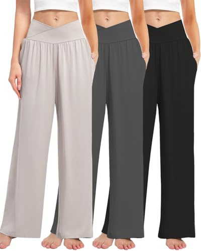 Kivdol 3 Pack Women's Wide Leg Pants Crossover with Pockets High Waist Loose Sweatpants Casual Lounge Yoga Workout Palazzo