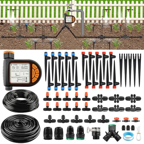 207 piedi Kit Irrigazione a Goccia Automatica con Timer l'Acqua, Kalolary Sistema Irrigazione Giardino Regolabile 1/4 1/2 con Tubi 4/7 16 mm Sistema Irrigazione Automatica Micro Goccia Prati Cortili