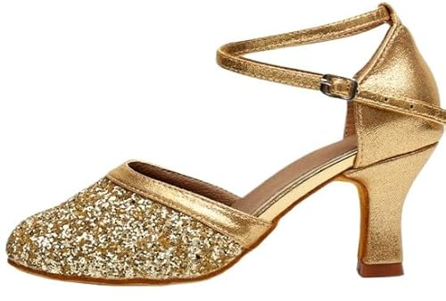 Hhhchpm Womens Latin Dance Shoes Heeled Ballroom Salsa Tango Party Flamenco Latin Sequin Comfortable Non-Slip Dance Shoes (Gold-2.76in,9)