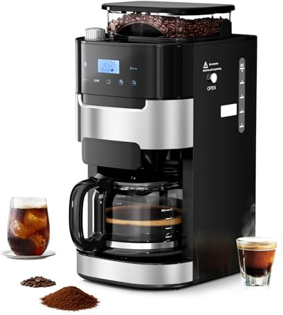 Drip Coffee Maker with Grinder Built In, 10-Cup Grind and Brew Coffee Machine Fully Automatic, Programmable with Brew Strength, Permanent Filter, Glass Carafe, 50oz Water Tank, Ideal for Home/Office