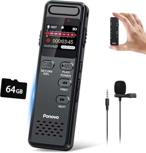 96GB Diktiergerät Digitale mit Spracherkennung, Ponovo Aufnahmegerät 100 Std Kontinuierliche Aufnahme 1536kbps HD Voice Recorder mit Mikrofon, 1100 mAh Diktiergeräte Mini für Interview Meeting