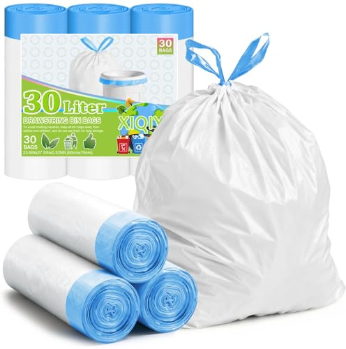30L Bin Liners – Drawstring Kitchen Bin Bags, White Food Waste Bags with Tie Handles, Heavy Duty, Strong & Leakproof Pedal Bin Liners for Household, Office & Bathroom (Size 25–35 Litre, 30 Counts)