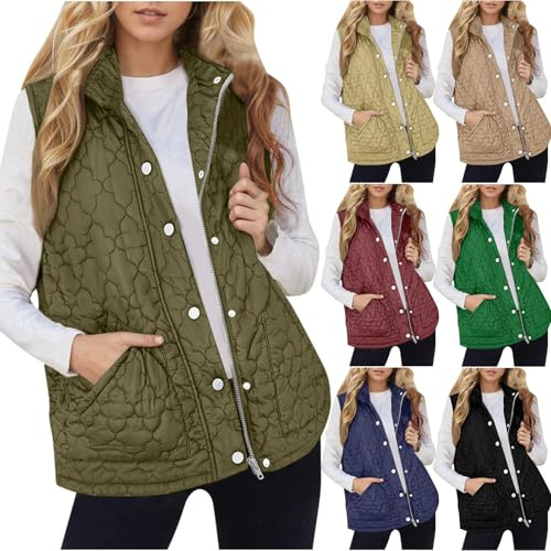 jackets for women uk Womens Quilted Gilet Full Zip Sleeveless Waistcoat Pocket Button Lightweight Warm Jackets Padded Vests Coat Fasion Outdoor Hiking Sports Fall Winter Warm Outfits Army Green M