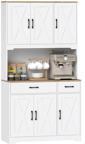 HOMCOM Buffet Haut Cuisine, Armoire de Cuisine, vaisselier, 6 Portes, 2 tiroirs, Plan de Travail et étagères réglables, Meuble de Rangement Rustique pour Salon, Salle à Manger, 94x39,5x175,2cm, Blanc