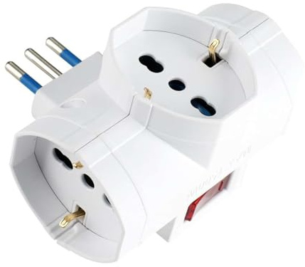 Adattatore Triplo Presa 10A/16A Max 1500W con Interruttore Rosso e Spina Italiana Tipo L, 3 Prese Universali Compatibili Schuko | Presa Multipla Sicura per Casa e Ufficio, Colore Bianco