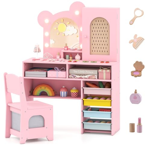 LIFEZEAL Specchiera Trucco per Bambina 3+Anni, con Luci, Sgabello, Sedia, Forma di Orsetto, Toeletta Tavolo, Postazione Makeup, con Armadio, Scomparti, Scatole, Cassetto, Accessori, Cameretta, Rosa