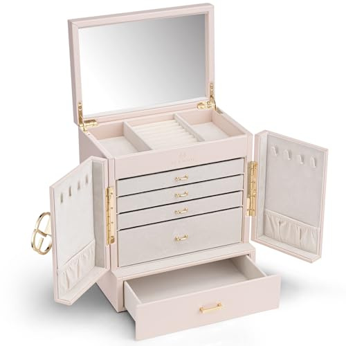 Vlando - Joyero grande francés de 6 niveles organizador de joyas, tamaño grande, XXL, con espejo, cajones, almacenamiento de joyas para mujer, para pendientes, collares, color rosa
