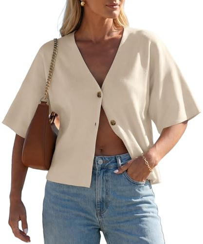 GRECERELLE Dam sommar lättvikt kortärmad cardigan v-hals Bolero damer vardaglig axelväska stickad topp beskuren täckning med knappar för kvinnor UK