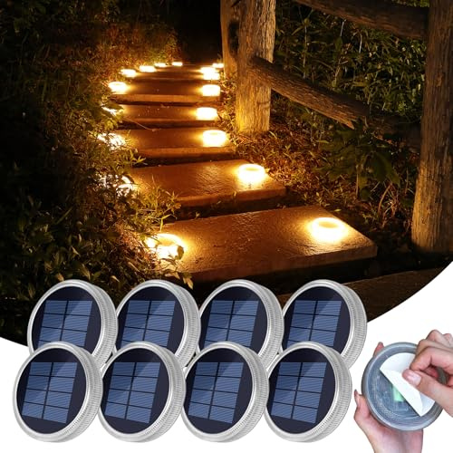 YiLaie Luces Solares Crepusculares Exterior Jardín 24 LED, 11cm Baliza Solar Suelo Circular Adhesiva Iluminación 360°, IP68 Impermeable para Camino, Parking, Escalera, Acera, Blanco Cálido (8 Pack)