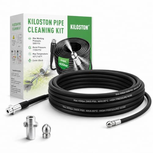 KiloSton Déboucheur Canalisation 15m, Tuyau Flexible 400 Bar/5800 PSI pour Nettoyeurs Haute Pression K2–K7, avec Buse de Pénétration pour Tuyaux Étroits et Canalisations Obstruées