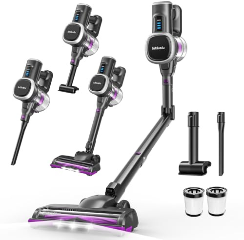 Lubluelu Aspirateur Balai sans Fil 48 kPa 450 W avec Tube Pliable | 50 min autonomie, brosse anti-enchevêtrement, grand bac à poussière, autoportant, pour sols durs, tapis et poils d'animaux