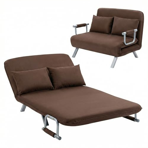 HOMCOM Divano Letto 2 Posti 3 in 1 in Pelle Scamosciata Sintetica con Schienale Regolabile in 5 Posizioni, Divano 2 Posti con 2 Cuscini, Seduta Imbottita, 111x80x78 cm, per Soggiorno, Marrone Scuro