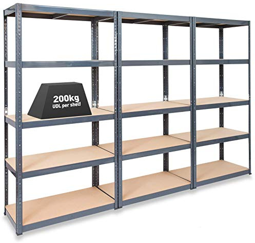 Storalex 3 Bay Extra Deep Garage Shelving Racking Units – UK’s Bestselling Garage Storage Shelves - 600mm Deep - 200kg Per Shelf (Evenly Distributed) - 5 Level Unit - Metal & MDF Boltless Assembly