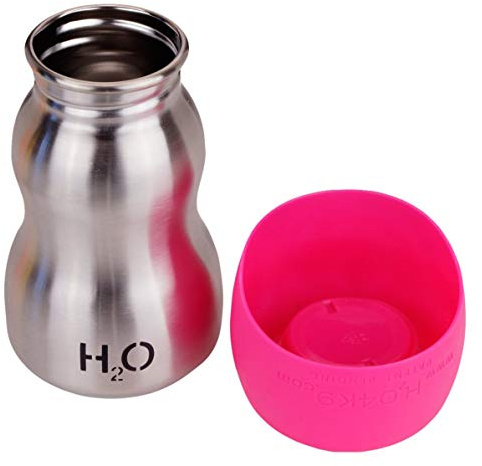 H2O4K9 Stainless Steel Dog Water Bottle and Travel Bowl, Small, 270 ml, Perfect Pink