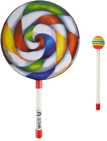 A-Star 8 tums Lollipop-handtrumma med mjuk huvudvisp i plast - 20 cm regnbågtrumma - paket med 10