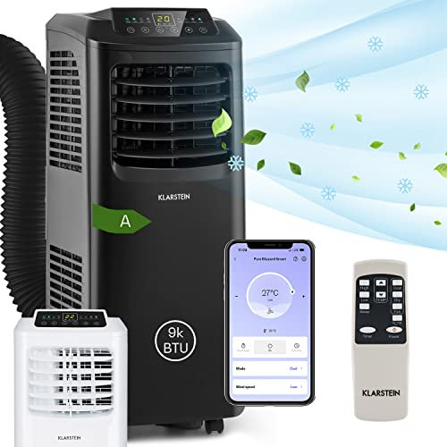 Klarstein Climatiseur mobile, 4 en 1 pour la maison et bureau, mode nuit, application smartphone, déshumidificateur, petit à faible conso, 9000 BTU, Noir