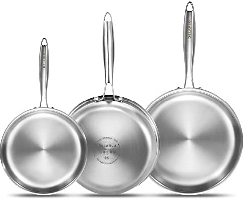 DELARLO Whole Body Tri-Ply Stainless Steel Frying Pan set, 8”/10”/12” Cooking pans, Kitchen Cookware Set, Fast Heating Chef's pan with Ergonomic Handles, Suitable for All Stove