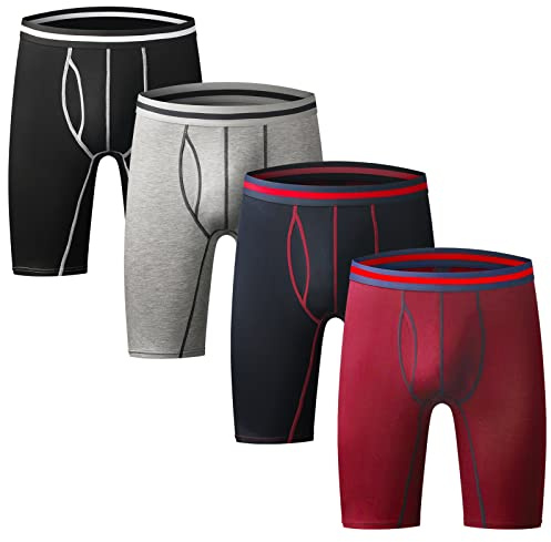 Nuofengkudu Mens Long Leg Boxer Shorts Anti Chafing Large Underpants Stretch Cotton Longer Legged Trunks Briefs Fly Pouch Waistband Sports Breathable Soft Underwear 4 Pack Black Blue Grey Red 5XL