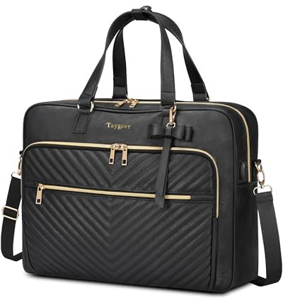 Taygeer Leather Laptop Bag, 17 Inch Large Quilted Laptop Tote Bag With USB, Convertible Briefcase for Women, Water Resistant Leather Handbag, With a Bow Charm, Fashion Handbag for School, Black