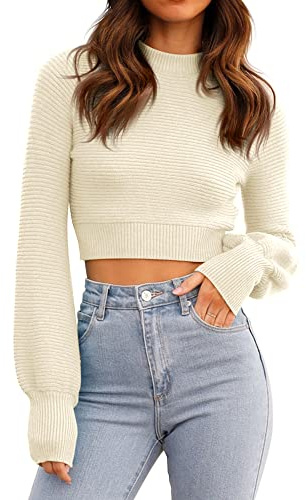 GeGekoko Pull court sexy à col rond en tricot côtelé à manches longues pour femme, beige, L
