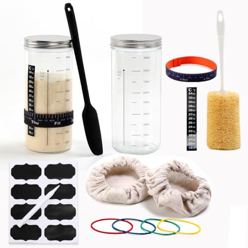 Sourdough Starter Jar Set Contains 2X Premium Sourdough Jar with Lid Cloth Cover - Silicone Jar Spatula,Chalkboard Labels,Cleaning Cloth For Fermentation, Storage & Preserving (1000ml Glass Jar Set)