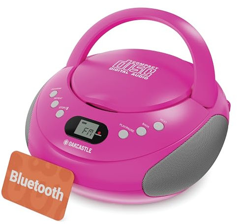 Portable Bluetooth CD Boombox with FM radio | CD, CD-R, CD-RW | 30 Presets | Easy Controls, LED Display, Headphone Jack | OAKCASTLE CD250 (Pink)