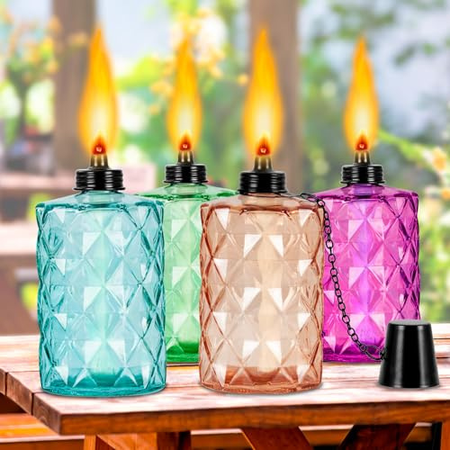 TaoTazon Antorcha de mesa de cristal, botes de metal para exteriores de 12 onzas, recipiente de repuesto con mechas y cubiertas, antorcha de metal para patio para fiesta Luau, decoración de jardín (4