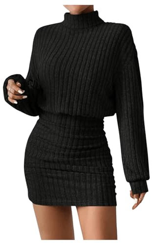 GORGLITTER Damen Pulloverkleid Stehkragen Freizeitkleid Rippstrick Winterkleid Kurzes Figurbetontes Kleid Schwarz XS