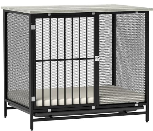 PawHut Hundekäfig für Zuhause, Abschließbar Hundehütte mit Kissen, Hundebox mit Paletten, Hundehaus für mittelgroße Hunde unter 20 kg, Grau, 88 x 55 x 71 cm