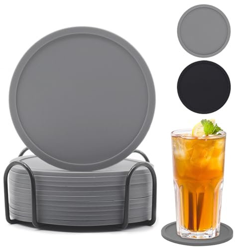 Silicone Grigio Sottobicchieri Set, 12 Pezzi con Supporto, Antiscivolo e Isolati per Birra, Bottiglie, Tazze da Tè e Caffè
