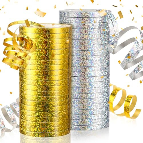 Xialvyu 24 Rollen Luftschlangen, 10m Metallic Gold Silber Glitzernden Satinband, Kindergeburtstag Party Deko für Geburtstag, Hochzeit,Karneval