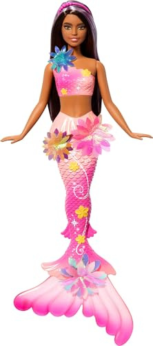 Barbie Mermaid Toy Dolls with Surprise Magic Blooming Flowers Feature, Ombre Tails, Pearl Headband Accessory & Long Brown Hair with Purple Highlights, JDM73