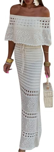 HzDazrl Robe longue à épaules dénudées pour femme - Couleur unie - Robe longue en tricot au crochet - Pour vacances et plage