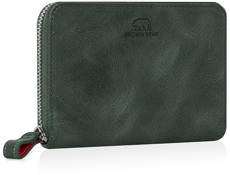 BROWN BEAR Geldbörse Damen Leder mit Reißverschluss & Münzfach | Echtleder Vintage Olive | RFID-Schutz | Portemonnaie | Geldbeutel | BB Pia GN