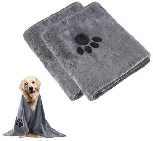 MUYAPAY 2 Pezzi Asciugamano Cane in Microfibra, Morbido al Tatto, Panno Ultra Assorbente per Cani Accessori, Salviettine Cane per Cani Gatti Altri Animali Domestici, Grigio (75 x 35cm)