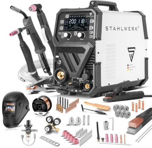 STAHLWERK Poste à souder combiné 6-en-1 CTM-250 Puls Pro – Kit complet – TIG, MIG/MAG, MMA (électrode) & FLUX jusqu'à 200 A, découpeur plasma (CUT) jusqu'à 45 A, dévidage synergique, fonction Pulse