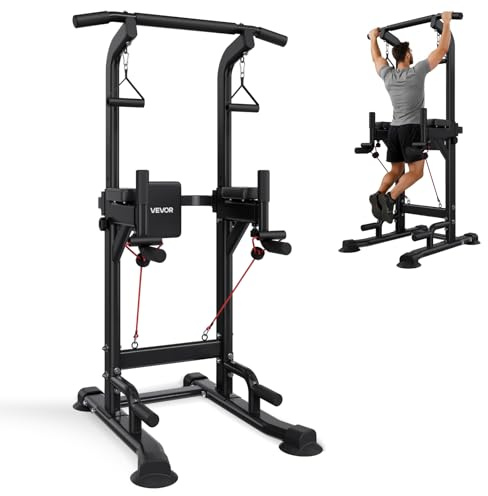VEVOR Pull Up Bar, 330 LBS Power Tower Dip Station, Workout Dip Station with H-Shaped Stable Base & Back Pad, Adjustable 12 Level Height Free Standing Chin Up Bar for Back, 4-Level Adjustable Back Pad
