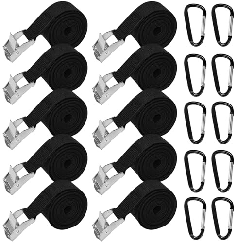 EAAGHK 10 Cinghie di Fissaggio 1,5m x 25mm, Cinghie di Tensione Regolabili con 10 Fibbia Nera, Alta Resistenza Cinghie per Trasporto per Portapacchi, Moto, Biciclette, Bagagli e Campeggio