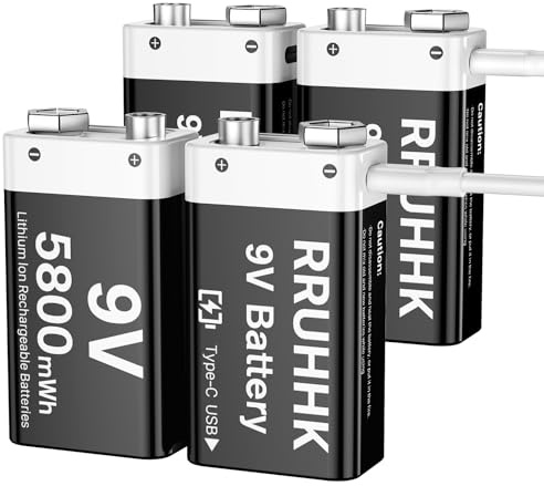 (5800mWh) Piles 9V Rechargeables USB-C, Nouvelle Mise à Niveau de Rechange de Batterie Lithium 9 Volts de Haute capacité pour Alarme de fumée, multimètres, Walkie-Talkie, Jouets, etc. - Lot de 4