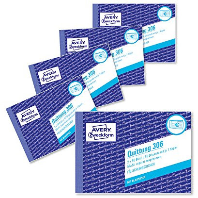 AVERY Zweckform 306-5 Quittungsblock (A6 quer, 2x50 Blatt, mit Durchschlag, fälschungssicher, separat ausgewiesene MwSt., für Deutschland und Österreich) 5er Pack weiß