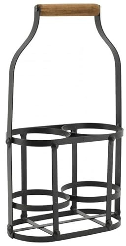 AUBRY GASPARD - Panier Bouteilles Métal et Bois - Noir Naturel - Poignée Bois - 22 x 11 x 37 cm - Ø Bouteille 10 cm - Capacité 2 Bouteilles - Poids 0,54 kg - Transport et Rangement Efficaces