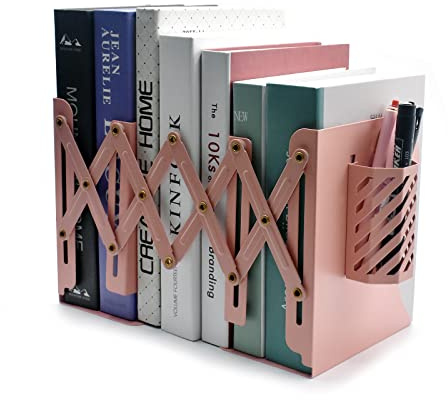 Book Ends, Adjustable Metal Bookends Book Holders for Shelves, Desk Magazine File Organizer Holder for Office, Books, Papers, Extends up to 19 inches.Scratch-Resistant Hand Coating-Pink