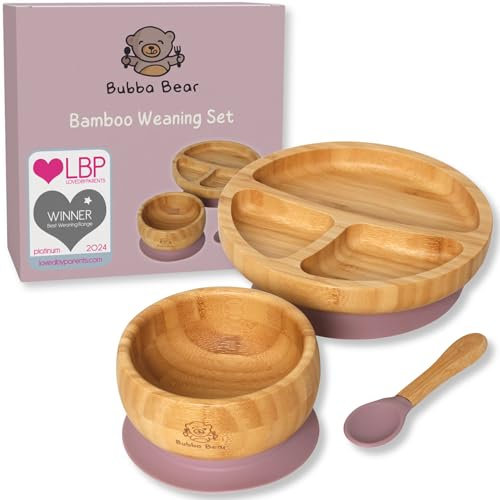 Bubba Bear Kindergeschirr-Set | Kinderteller mit Saugnapf | Geschirrset für Kleinkinder | Unterteilter Babyteller | Bambus Babygeschirr mit Löffel fürs Essen und Füttern | Baby Teller (Holunderbeere)