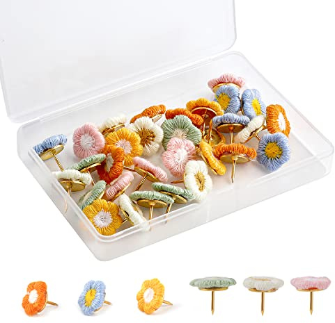 KINBOM Punaises Fleur, 30pcs, Punaises de Fleurs Colorées pour Carte Tableau de Liège Affichage Photo Bureau Maison (6 Couleurs)