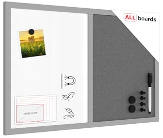 ALLboards Kombitafel 2 in 1 Magnettafel & Grau Kork-Pinnwand 60x40cm, Holzrahmen Grau Lackiert, Whiteboard Korktafel Kombitafel