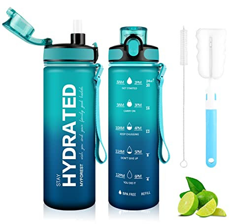 MYFOREST 700ml Tritan Trinkflasche, großer Auslauf für großer Schluck/Abnehmbarer für klein Trinken, Kratzfester Zeitmarker für motivierende Flüssigkeitszufuhr, sturzfest/BPA-frei Wasserflasche