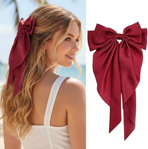 LECTNORE Red Hair Bow - Large Bowknot Hair Clip for Women, Satin Silky Ribbons with Long Tail, French Barrette Hair Accessory for Girls Ponytail Holder