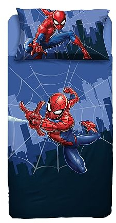 Spiderman - Juego de sábanas para Cama Individual, sábana encimera, sábana Bajera, Funda de Almohada, Color Azul, 100% algodón, Producto Oficial